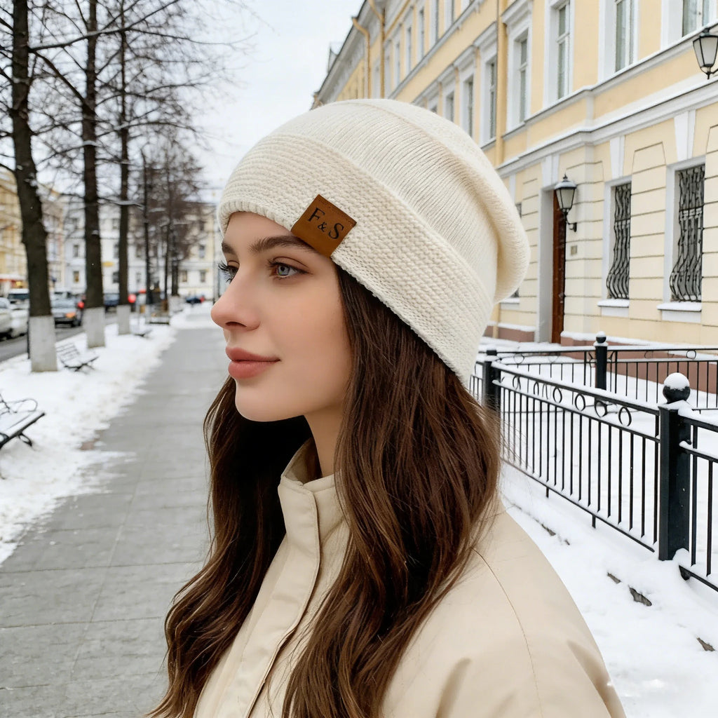 Unisex Slouchy Fur Lined Winter Beanie Hat — Warm Label Decor Knitted Cap for Men & Women
