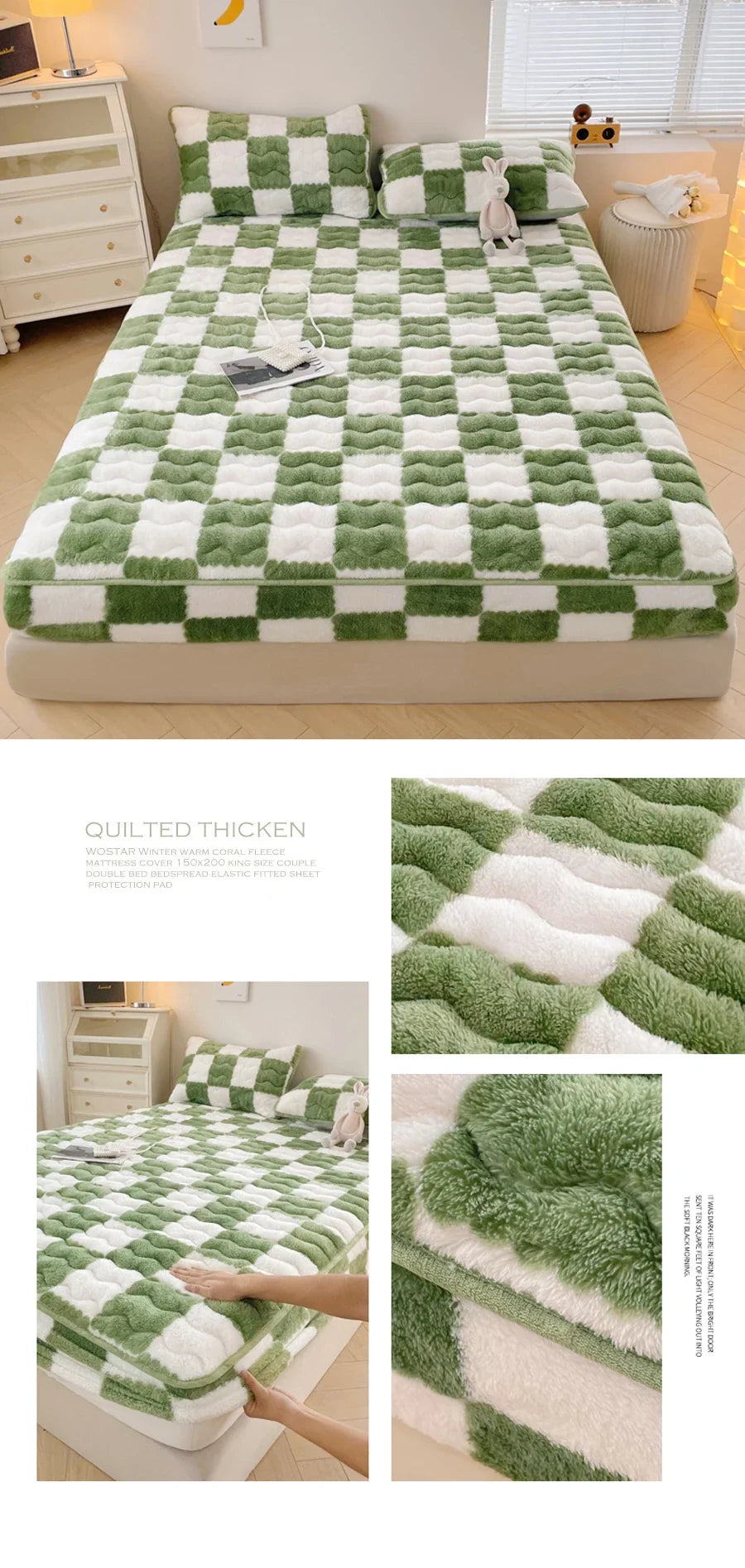 WASART Plush Warm Mattress Protector – Black & White Plaid Elastic Fitted Bed Pad