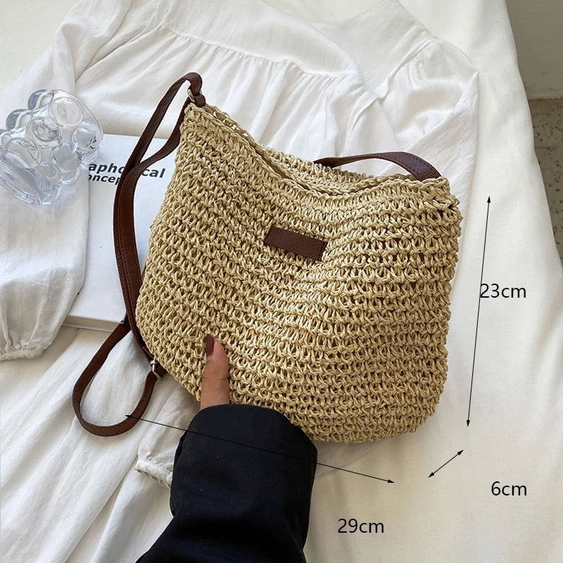 Handmade Straw Rattan Woven Tote Bag – Bohemian Beaded Summer Beach Shoulder Bag for Women