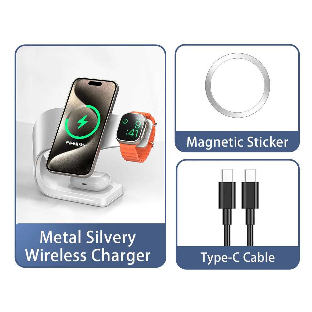 4-in-1 Metal Magnetic Wireless Charging Station 15W – iPhone 12–17, Apple Watch & AirPods
