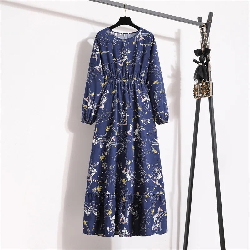 Women Long Dresses Spring Summer Casual Full Sleeve Floral geometry Printed O neck Woman Bohe Beach Party Dress Mujer Vestidos