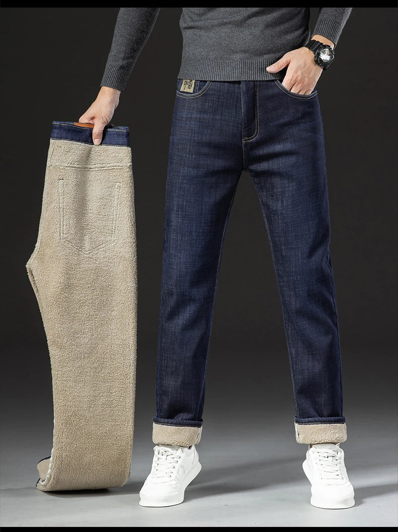 Men's Fleece-Lined Straight Denim Jeans — Warm Thick Winter Stretch Jeans
