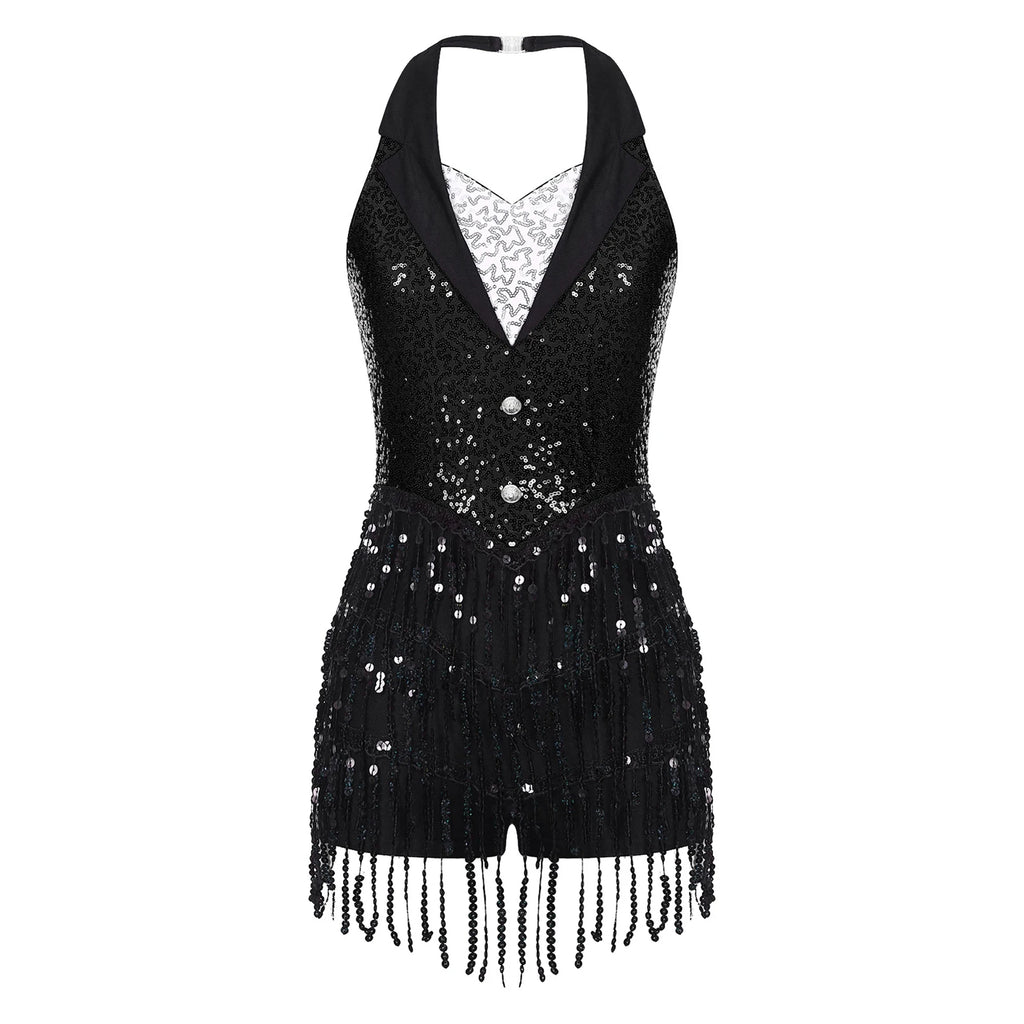 Women's Sequin Dance Dress – Shiny Sleeveless Latin Jazz Tango Salsa Leotard Bodysuit Outfit