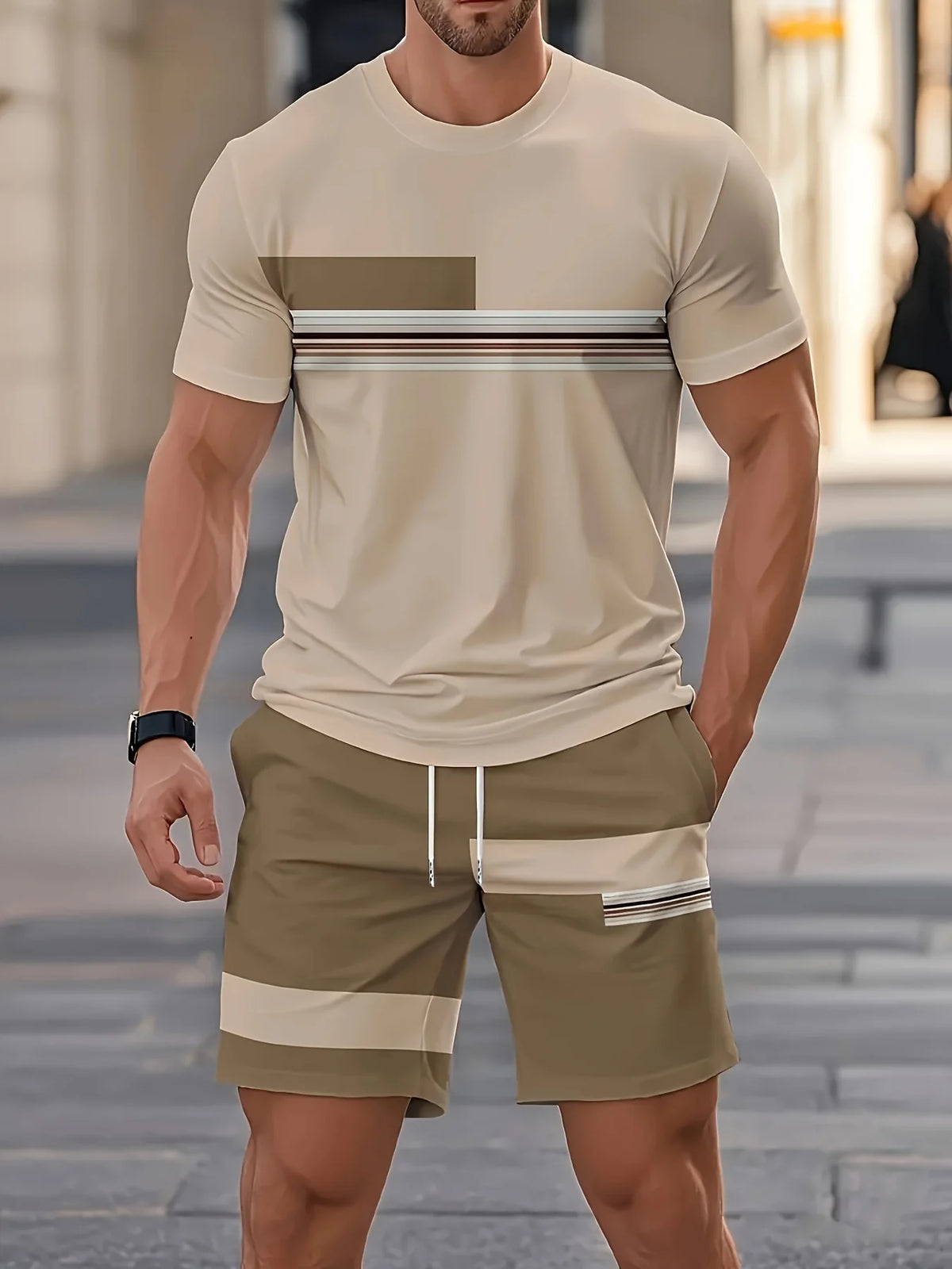 Men's Striped Short Sleeve T-Shirt & Drawstring Shorts Outdoor Travel Set