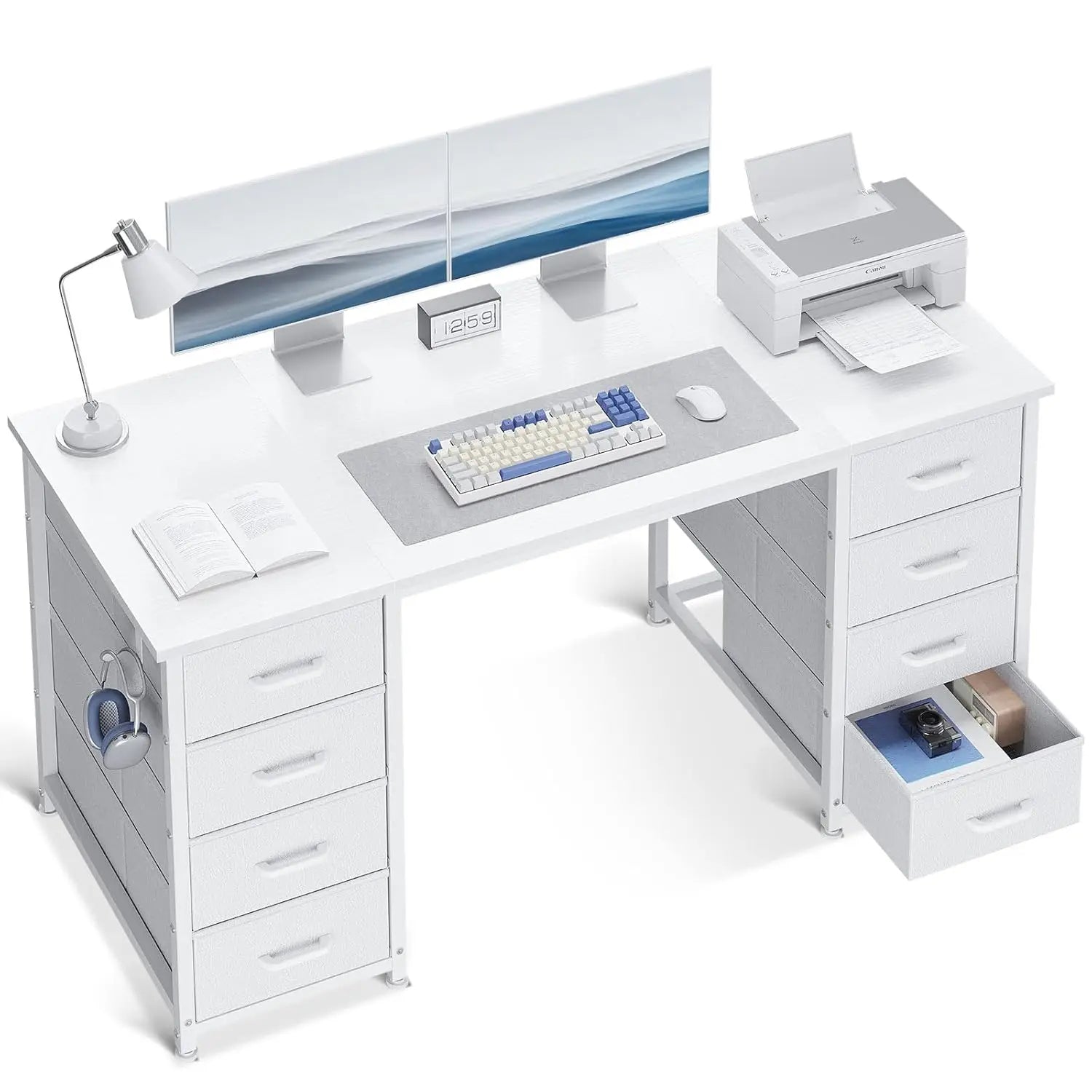 48" White Computer Desk with 8 Fabric Drawers — Large Storage Home Office, Study & Gaming Desk