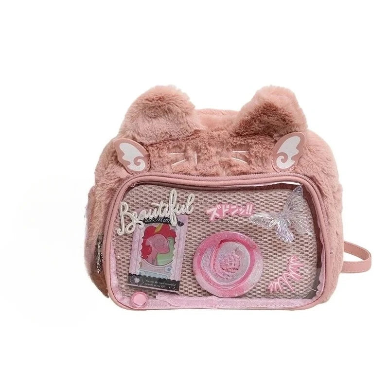 Furry Plush Kawaii Cat Ita Backpack – Cute Student Crossbody Bag for Women