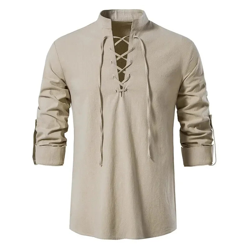 Men's Cotton Linen Drawstring Long Sleeve Shirt — Vintage Casual US Size Top