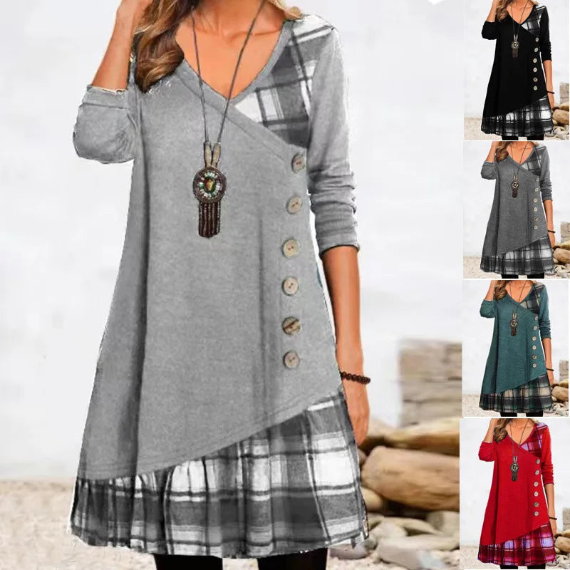 Long Sleeve V-Neck Loose Party Dress — Elegant Button Casual Autumn Winter Dress