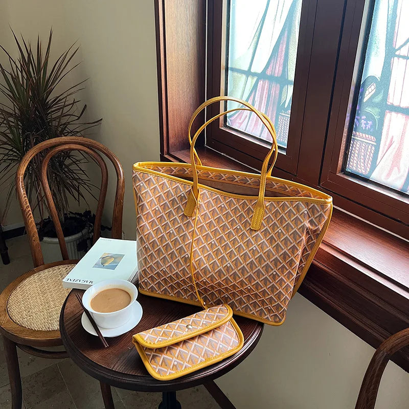 Embroidered Geometric PU Tote Shoulder Bag – Versatile Large Capacity Shopping Class Bag for Women