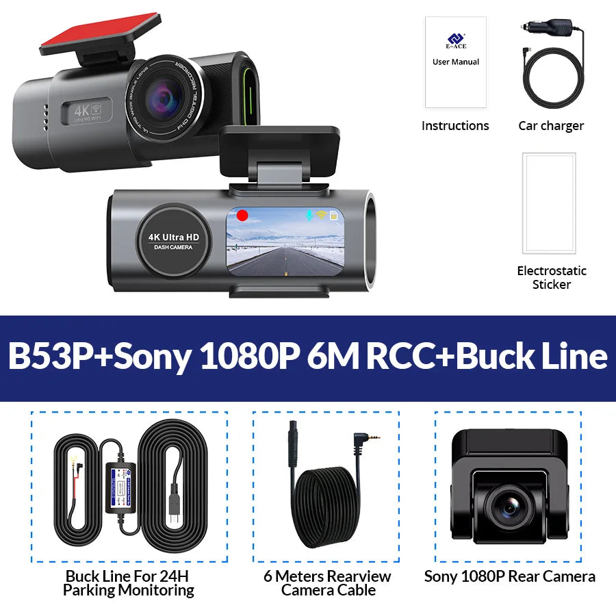 Dash Cam 4K UHD — Night Vision, Wi-Fi, GPS, 24H Parking Monitor, Front & Rear