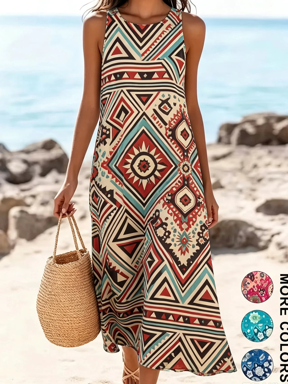 Women's Bohemian Floral Sleeveless MIDI Sundress with Pockets – Loose Sweetheart Beach Dress 2026