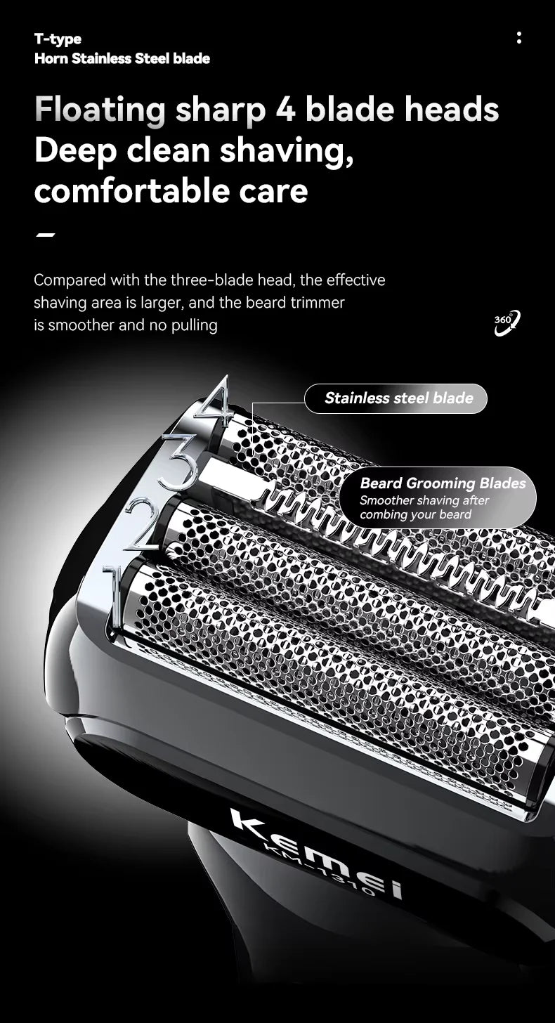 Kemei KM-1310 Rechargeable Men's Electric Shaver – 4-Blade Reciprocating, Wet/Dry, 100-Min Battery