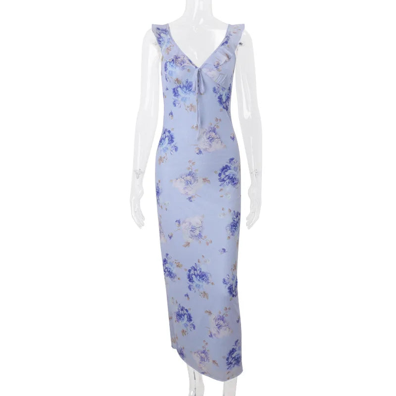 Floral Plunge Backless Maxi Dress — Sexy Fairy Beach Vacation Dress