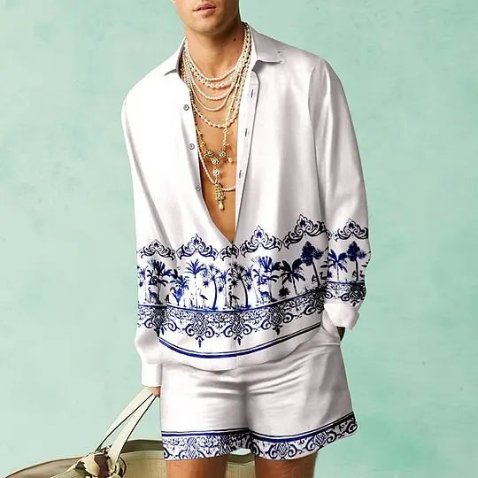 Men's Hawaiian Print Shirt & Drawstring Shorts Beach Vacation Set