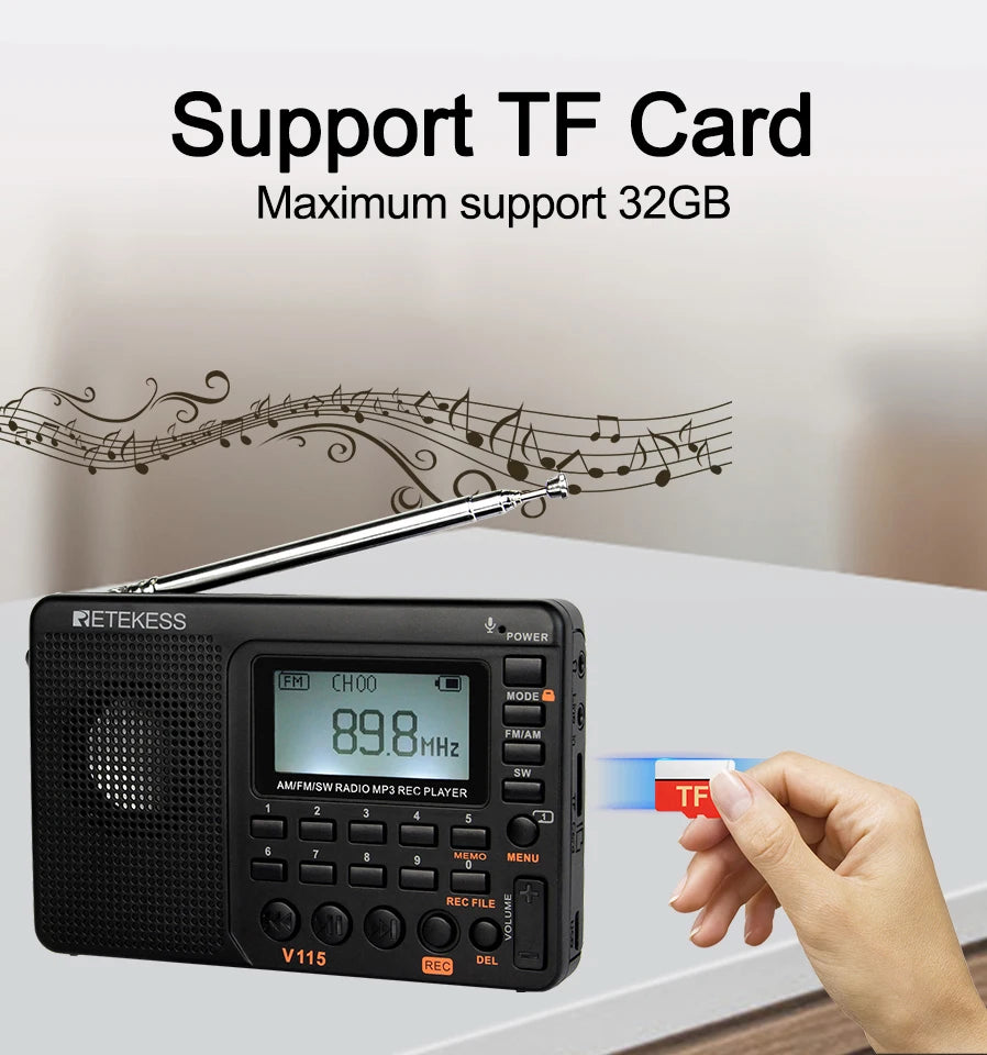 RETEKESS V115 Portable FM AM SW Radio — Rechargeable with USB