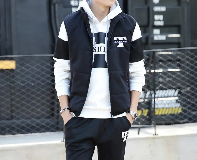 Men's 3-Piece Winter Tracksuit – Hoodie, Vest & Pants Thick Warm Set