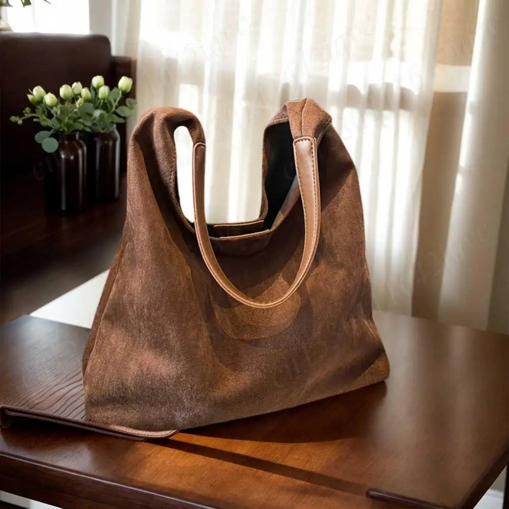 Vintage Suede Large Capacity Shoulder Tote Bag – Stylish Commuter Hobo Handbag for Women