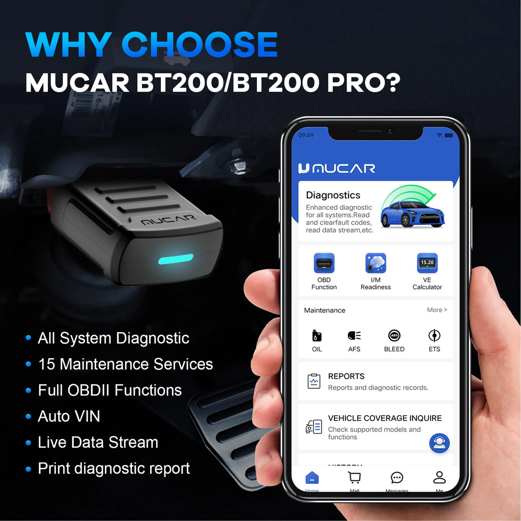 MUCAR BT200 Pro OBD2 Bluetooth Car Diagnostic Scanner — 15 Resets, Full System, 120+ Car Brands