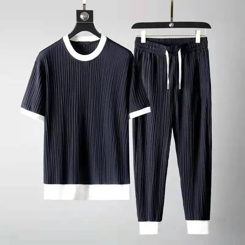 Men's Elastic Pleated Short-Sleeve & Nine-Point Pants Set – Breathable Summer Suit