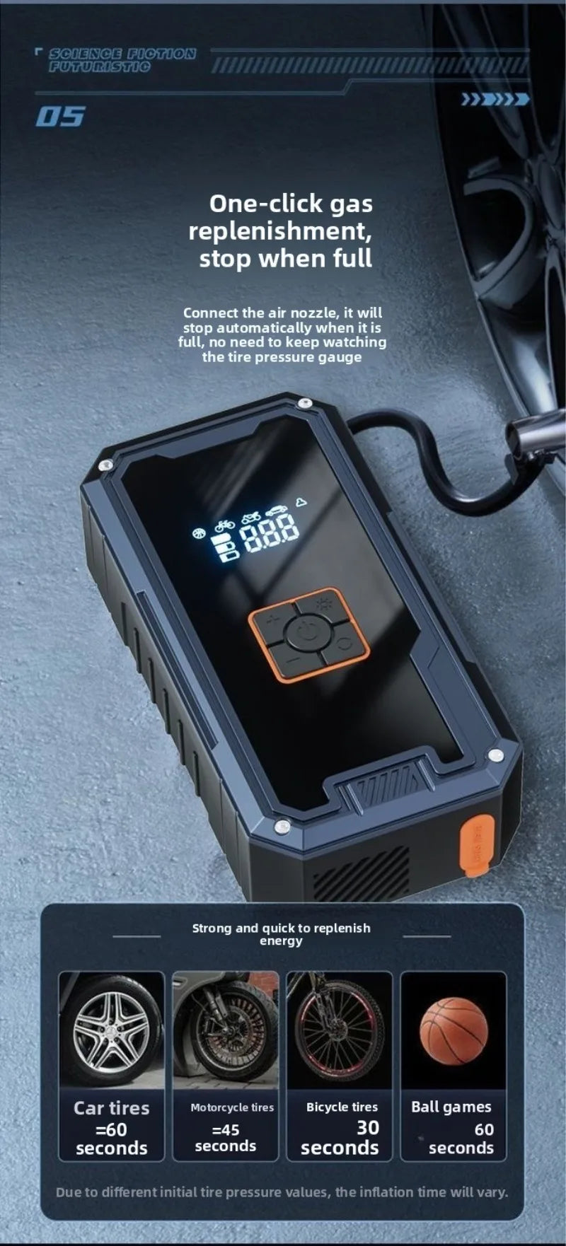 Portable car charger with digital display on a dark background