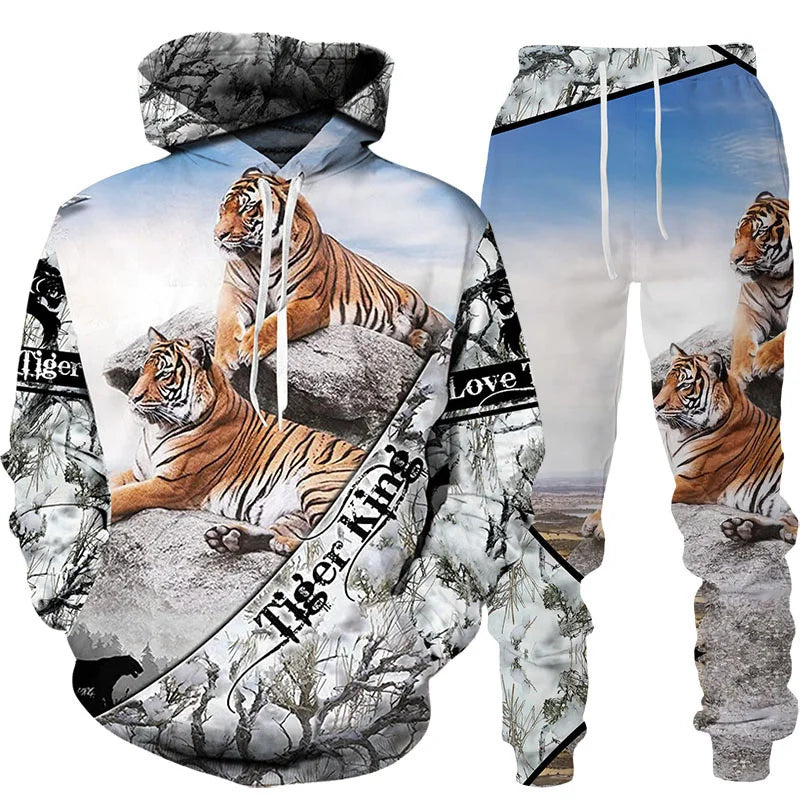 Men's 3D Tiger Print Hoodie & Pants Tracksuit Set – 2-Piece Sportswear