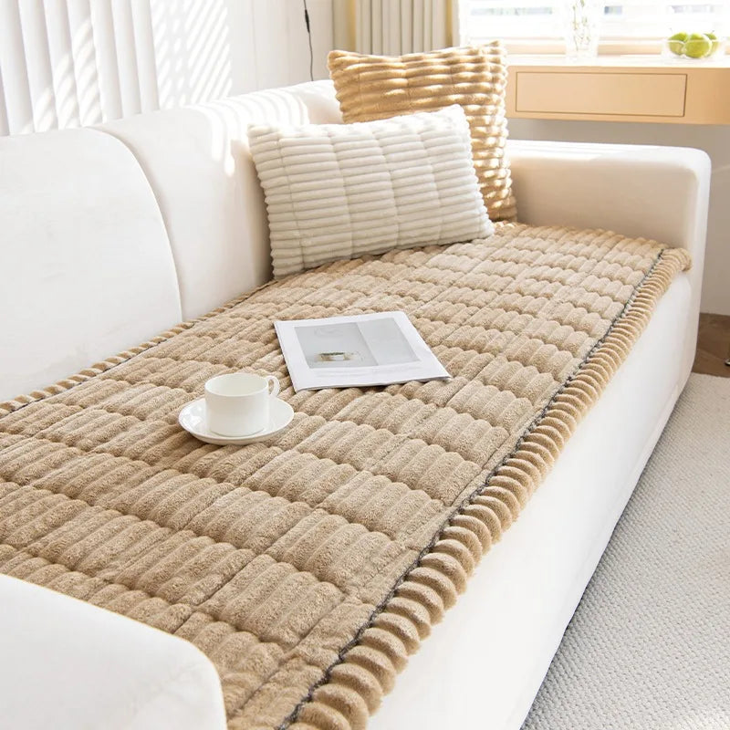 Quilted Stripe Flannel Sofa Pad – Thickened Winter Sofa Cover, Slipcover & Multiuse Sofa Towel