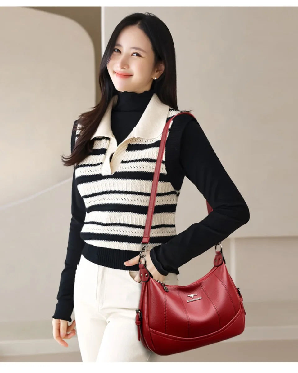 VANDERWAH Genuine Leather Two-Layer Flap Shoulder Bag – Luxury Crossbody Messenger Handbag for Women