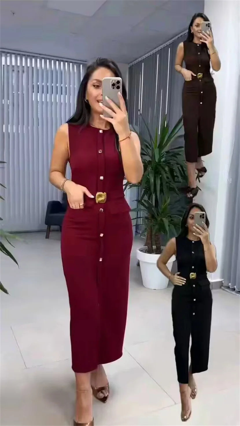 Button-Up Sleeveless Sundress — Slim A-Line Midi Casual Elegant Dress