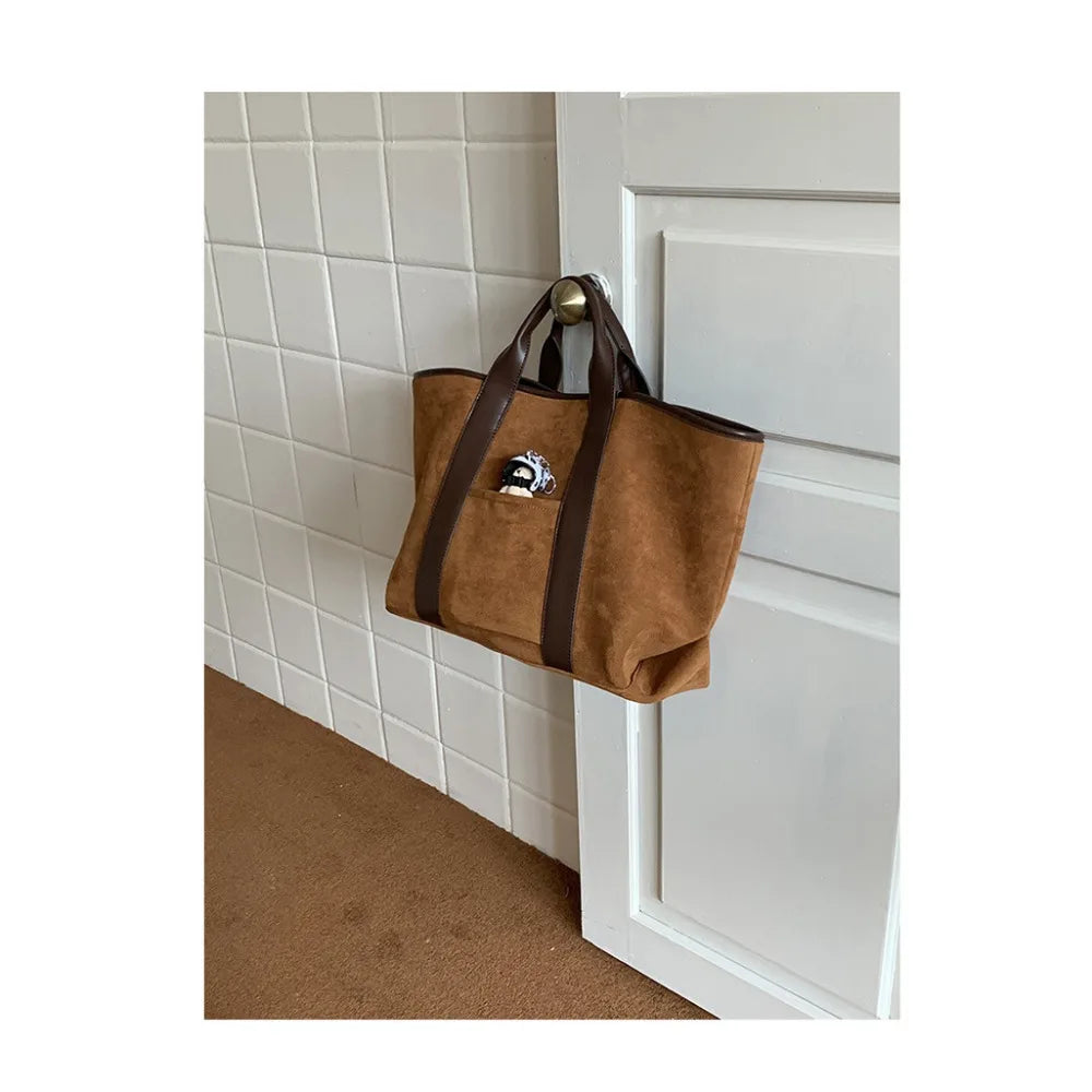 Large Capacity Retro Faux Suede Shoulder Tote Bag – Luxury Commuter Travel Handbag for Women
