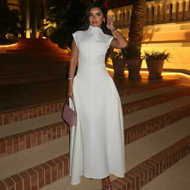 Sleeveless A-Line Prom Banquet Evening Dress — Solid Elegant Midi Formal Dress
