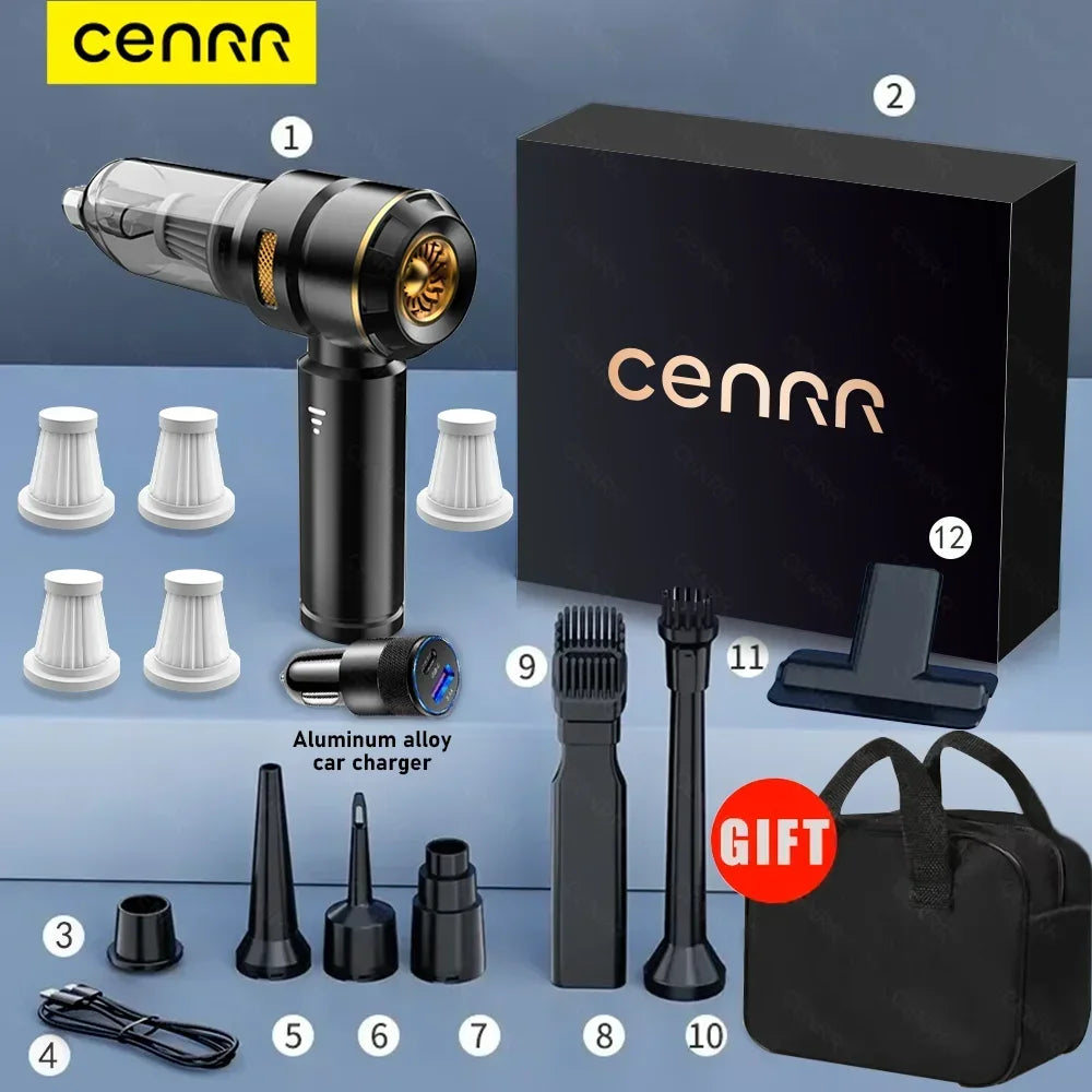 CENRR Wireless Car Vacuum Cleaner — 3-Gear Brushless Motor, 6000mAh, 9 Accessories, USB-C Charging