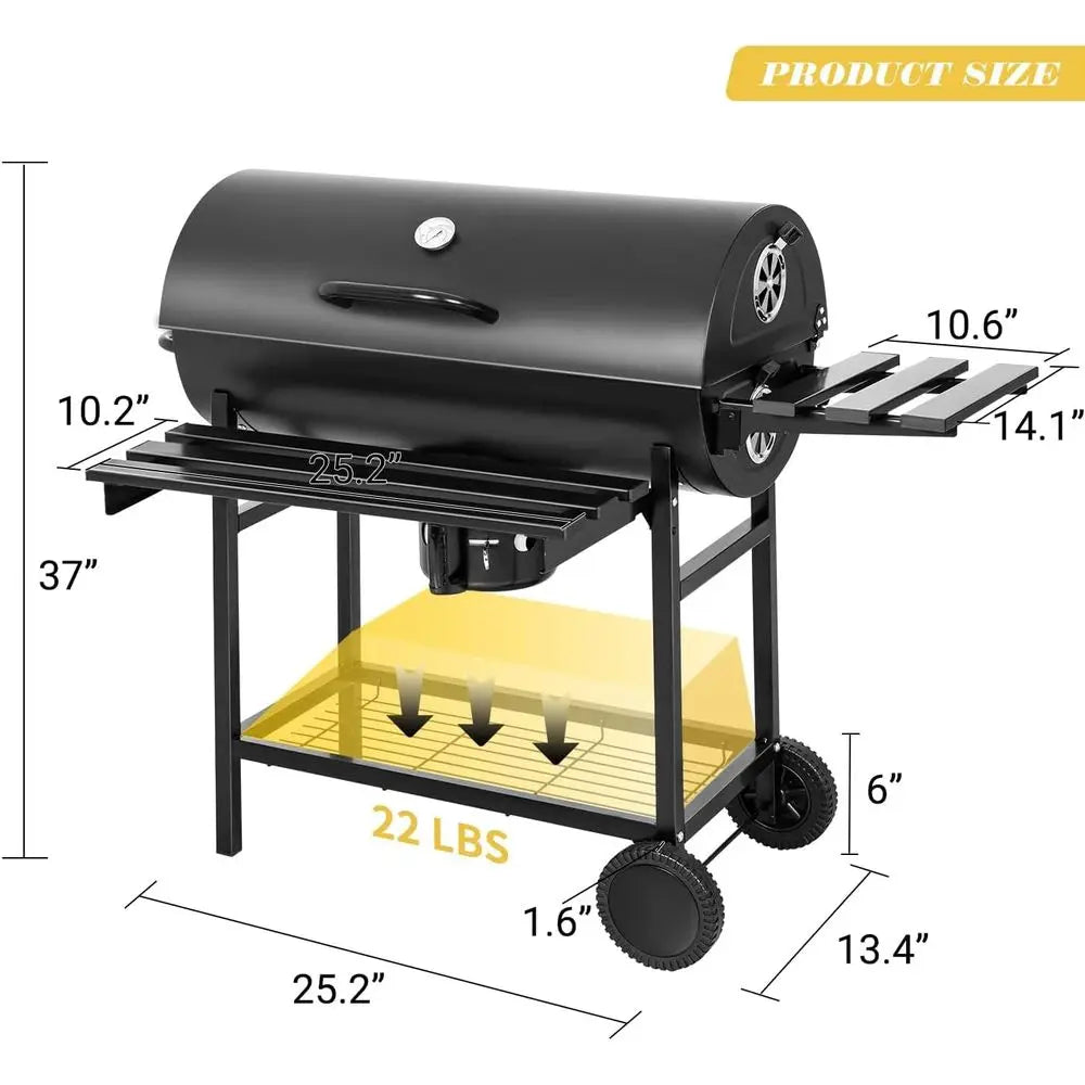 Barrel-Style BBQ Grill | 565 Sq. In., Triple Racks, Built-in Thermometer, Chrome-Plated Iron, Adjustable Ash Catcher