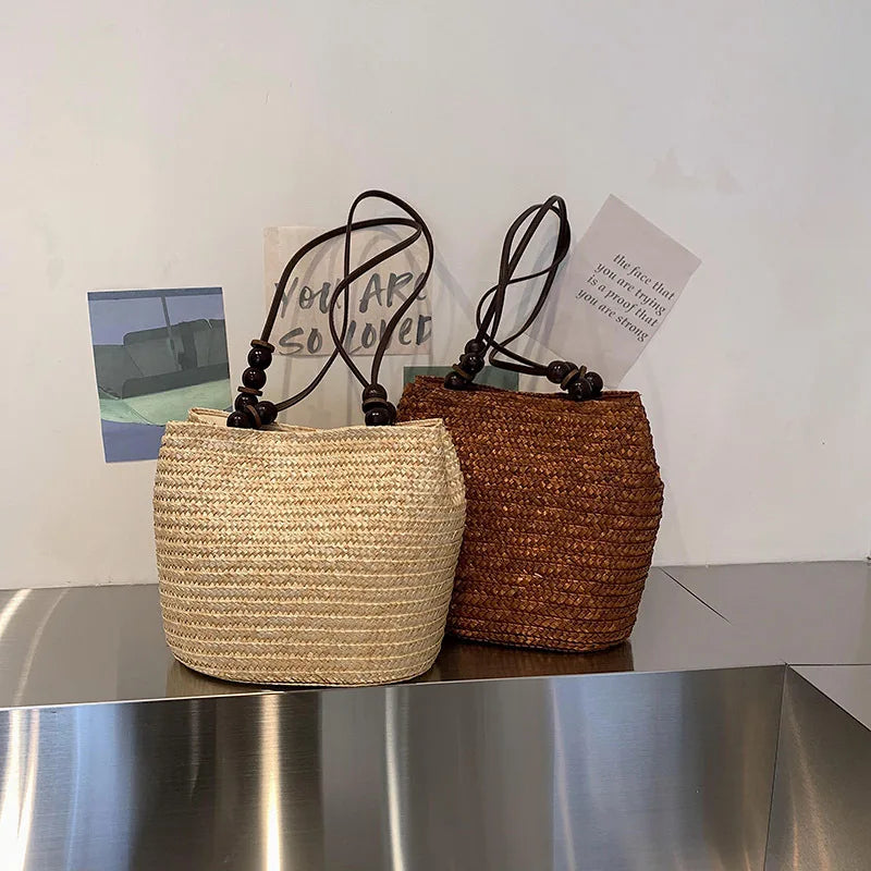 Handmade Straw Rattan Woven Tote Bag – Bohemian Beaded Summer Beach Shoulder Bag for Women