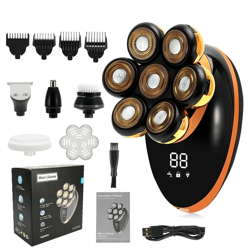7D Floating Head Electric Shaver for Men – Wet/Dry Rotary Razor with LCD Display & Bald Head Trimmer