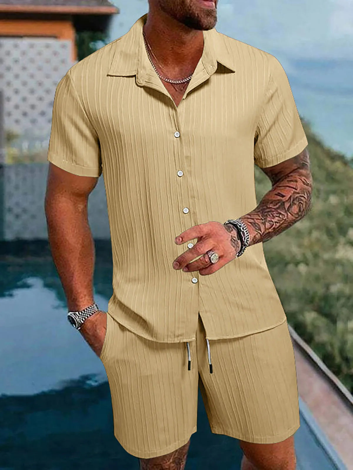 Men's Striped Polo Cardigan & Drawstring Shorts Sports Suit – Solid Color 2-Piece