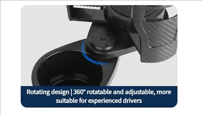 Close-up of a black and dark gray motorcycle handlebar clamp or mount with a blue circular highlight indicating rotation, plus a text banner at the bottom that reads 'Rotating design | 360° rotatable and adjustable, more suitable for experienced drivers'.