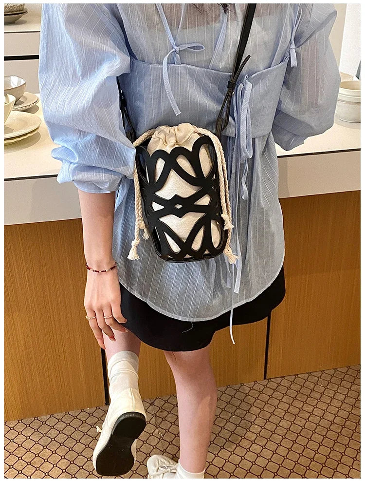 Brilliant Fish Hollow Out Drawstring Mini Bucket Crossbody Bag – Adjustable Strap Shoulder Bag for Women