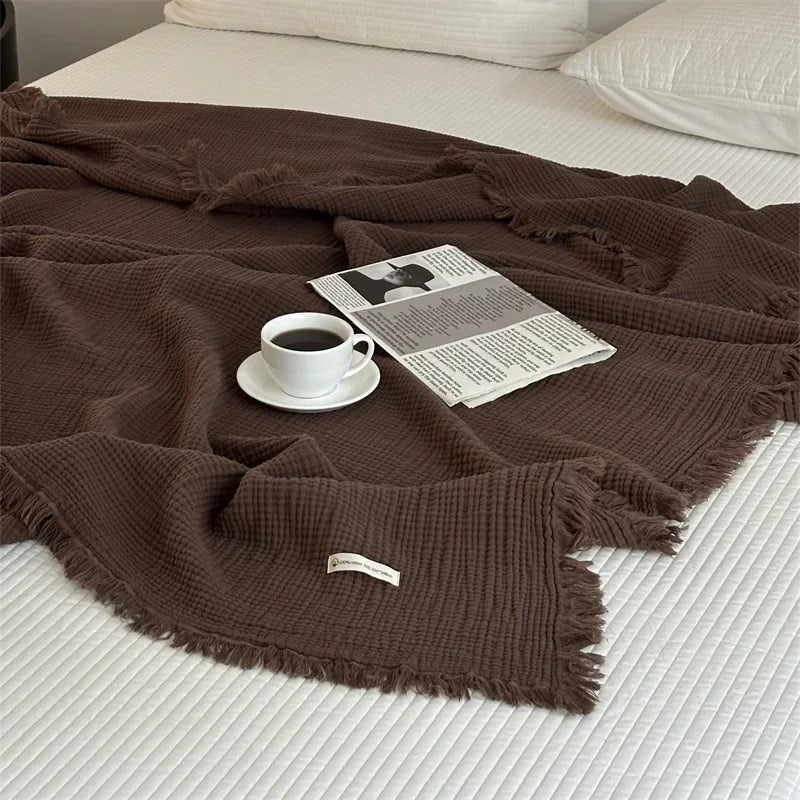 100% Cotton Tassel Blanket – Skin-Friendly Plaid Sofa Throw & Bed Shawl, Solid Color