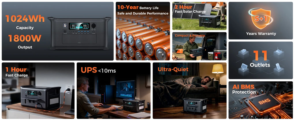 1800W Portable Power Station — LiFePO4 Battery, UPS Function, Pure Sine Wave Solar Generator for Home & Outdoor