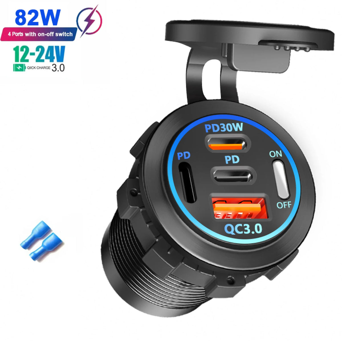 Car USB Charger with Voltmeter – PD3.0 & QC3.0 Fast Charging Socket for Motorcycle, Boat & Auto (12/24V)