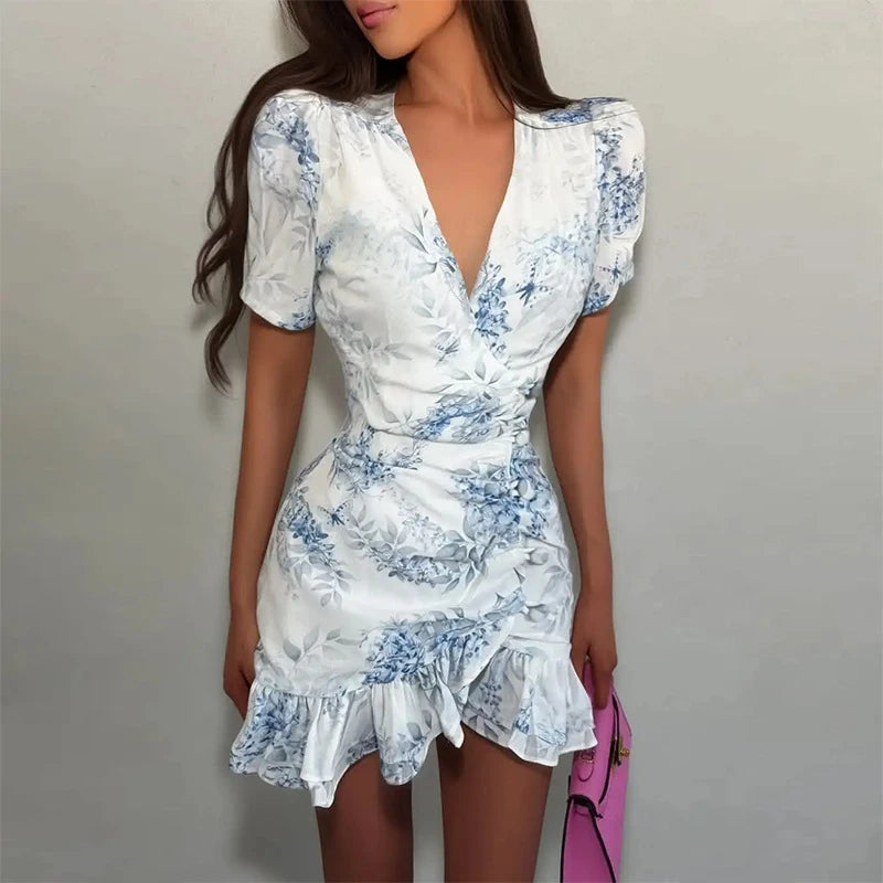 Women's Floral Ruffle Slim Dress – Deep V-Neck Double Layered Ruffled Hem Party & Daily Gown