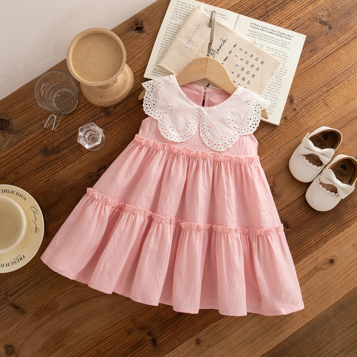 Baby Girl Cotton Beach Dress — Sleeveless Solid Color Lapel Dress
