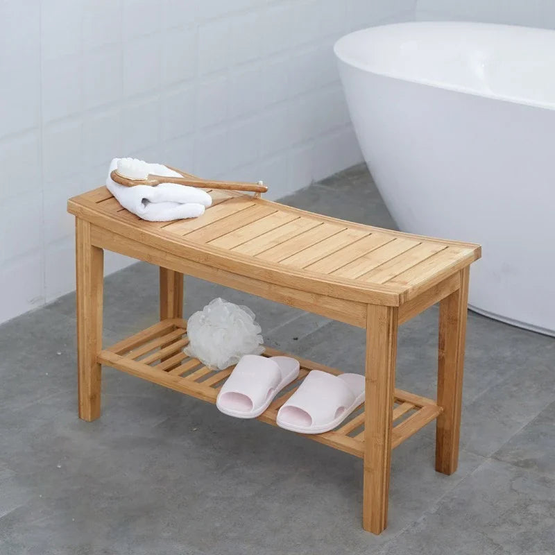 Bamboo Anti-Slip Shower Bench with Storage Shelf