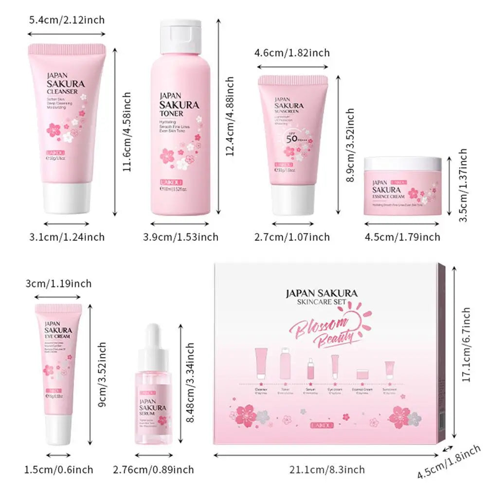 LAIKOU Sakura 6-Piece Skincare Gift Set – Full Routine with Cleanser, Toner, Serum, Eye Cream, Cream & Sunscreen