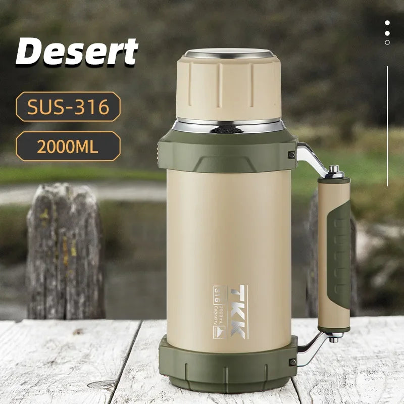 TKK 2000ml 316 SS Vacuum Thermos Flask with Rope – BPA-Free, Hot & Cold, Ergonomic Spout, 68oz Large Capacity