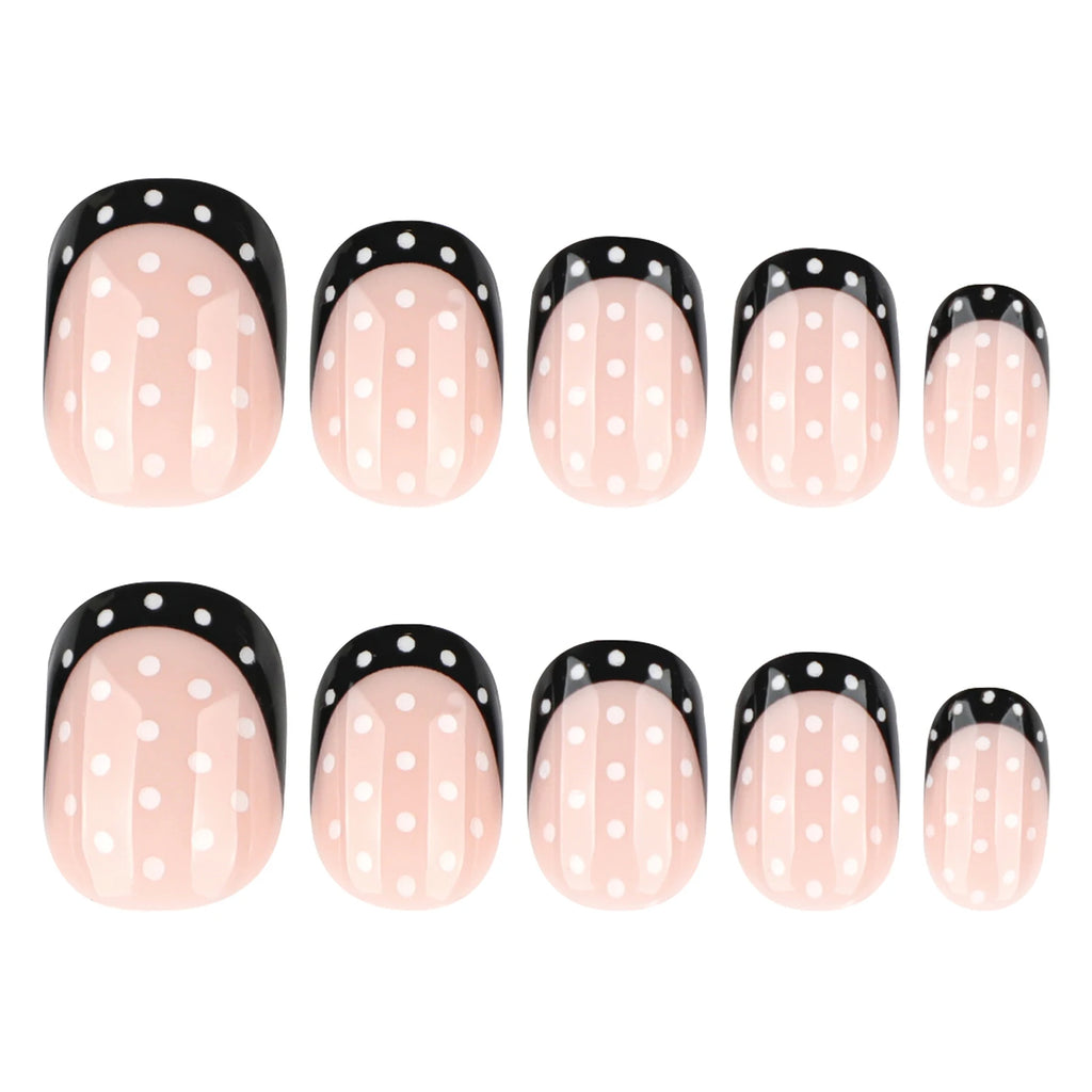 French Press-On Nails – 24-Piece Short Round False Nail Tips, Black & White Polka Dot & Nude Designs, 4 Styles