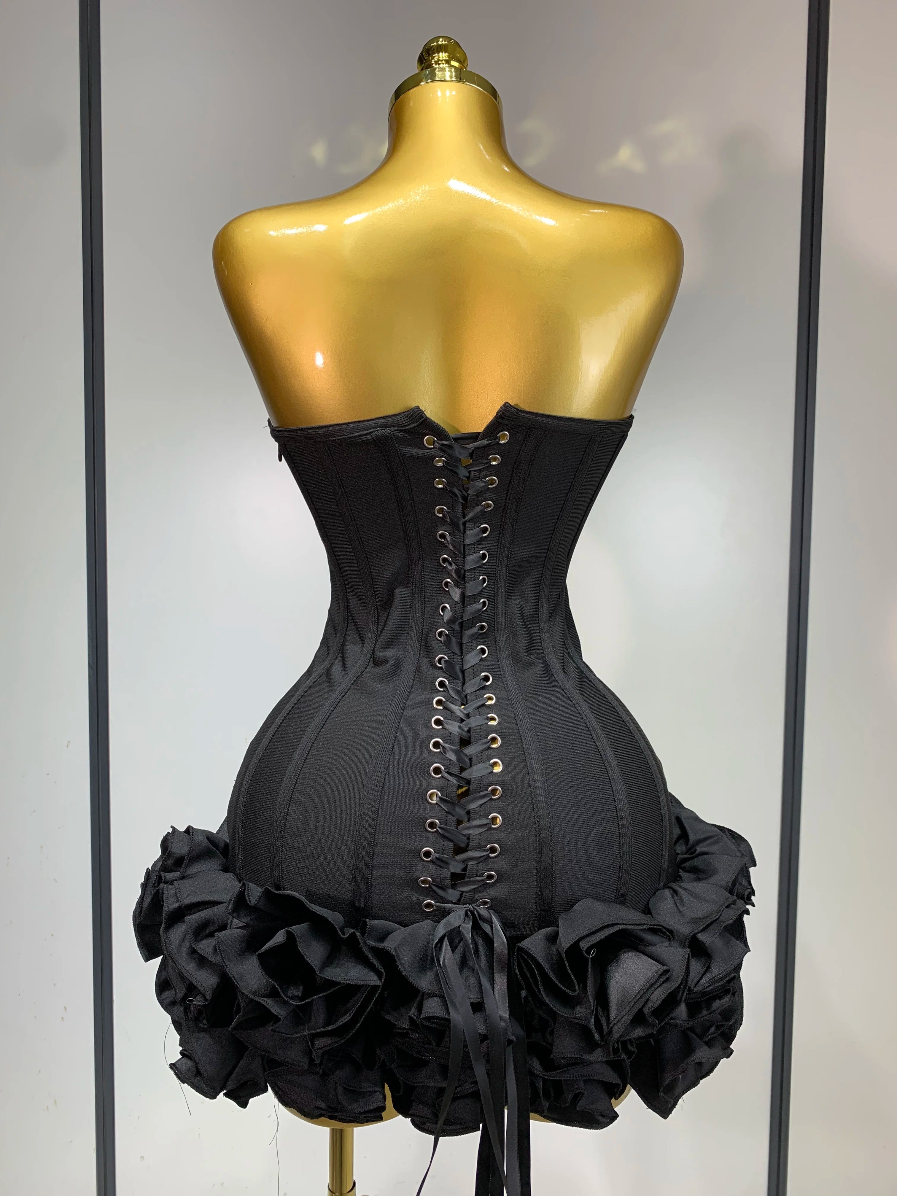 Flower Embellished Strapless Bandage Mini Dress — Backless Bodycon Celebrity Party Dress