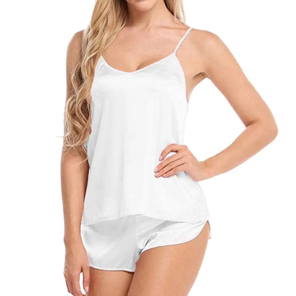 Low Cut Vest & Shorts Sleepwear Set — Solid Color Summer Nightwear