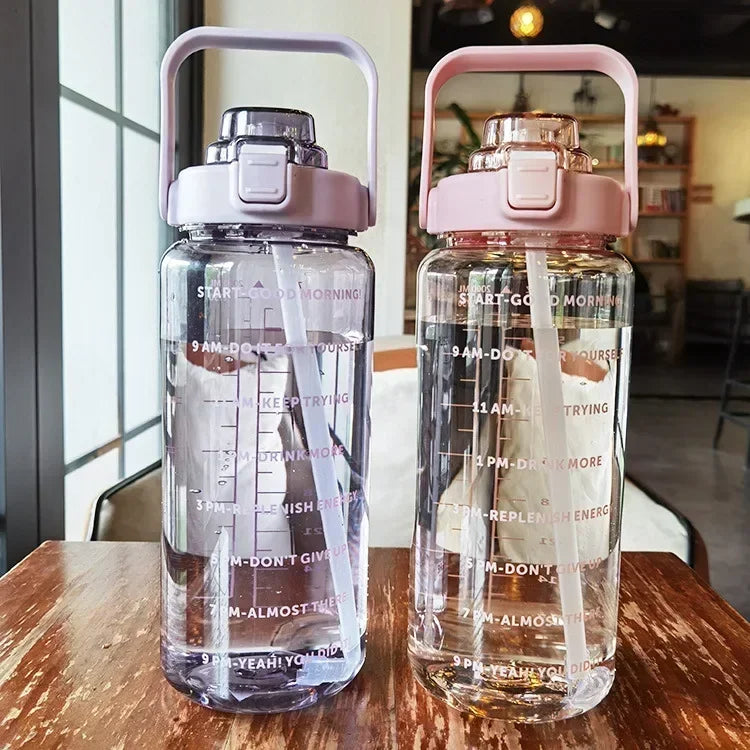 2L Large Capacity Motivational Water Bottle with Straw & Time Marker – BPA-Free Portable Fitness Bottle
