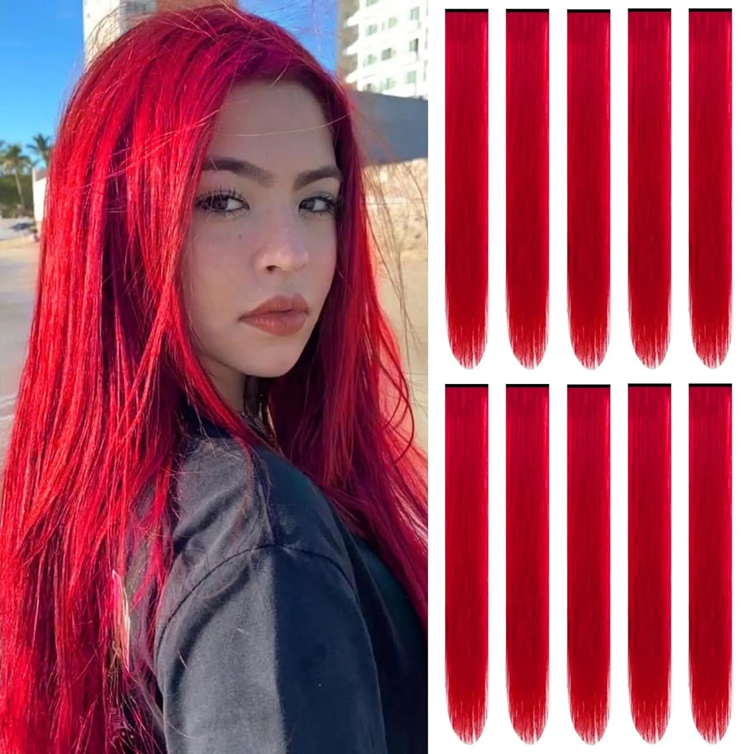 Synthetic 10PC Colored Clip-In Hair Extensions — Kinky Straight, High Temp Fiber, 70g Set